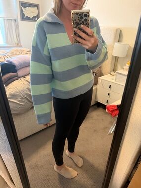 Altar'd State Blue and Mint Striped Collared V-Neck Sweater
